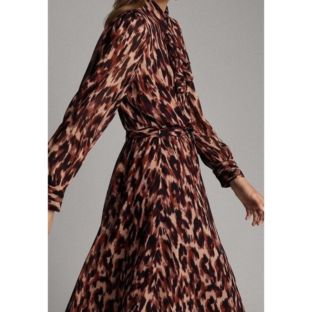 Massimo Dutti Pleated Leopard Print Sheer Viscose Midi Dress Brown Tan Size 2